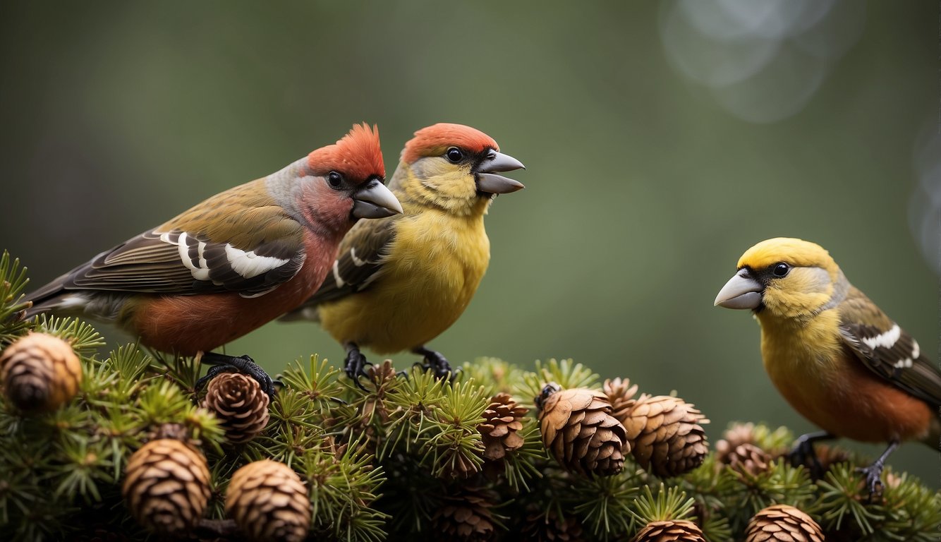 Crossbills gather in coniferous forests, feeding on pine cones with their uniquely crossed bills.

They display complex social interactions while foraging and breeding
