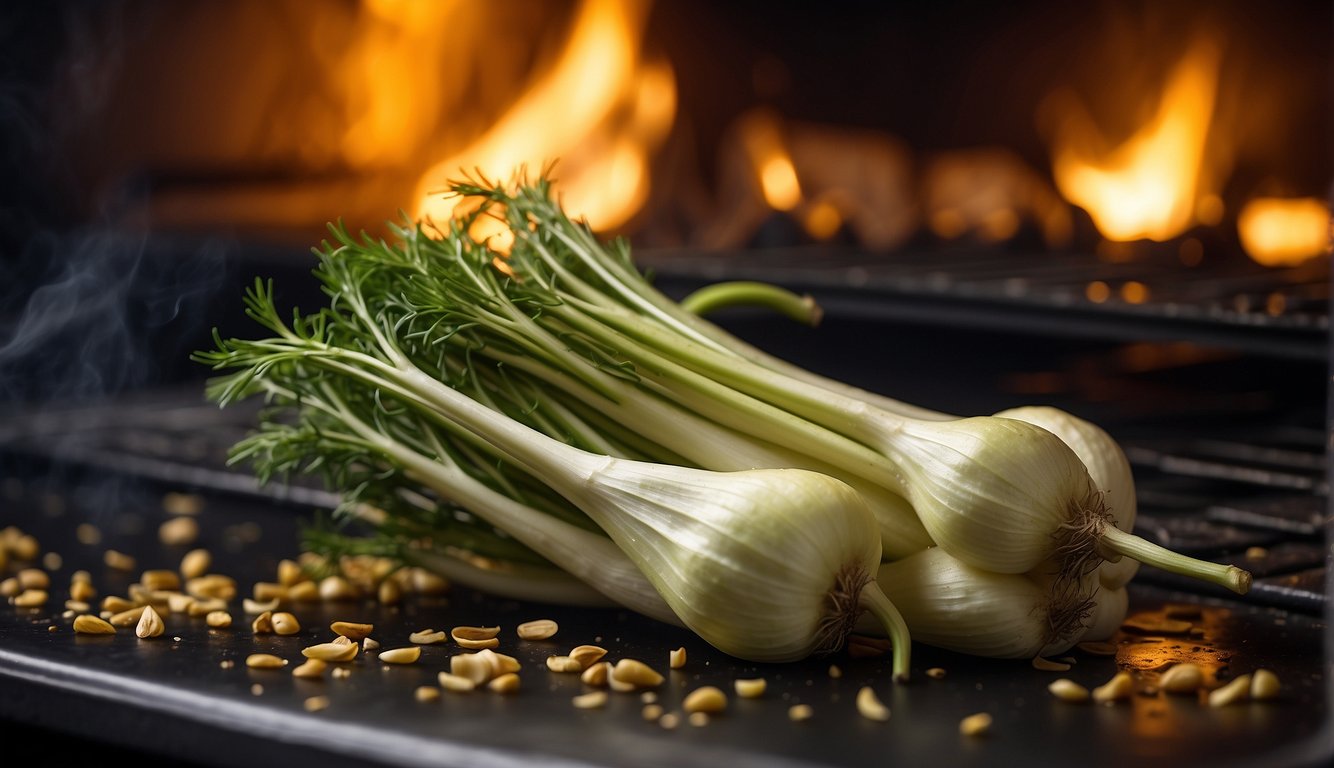 A whole fennel bulb roasting in the oven, emitting a fragrant aroma, with golden brown edges and caramelized bits