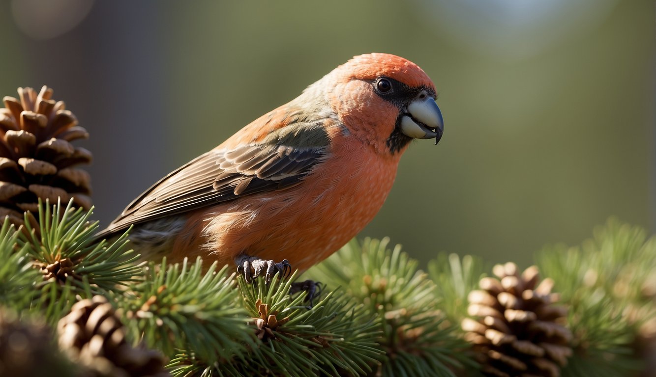 A crossbill perched on a pine cone, using its uniquely twisted beak to extract seeds.

Surrounding trees and scattered pine cones hint at the bird's habitat and food source