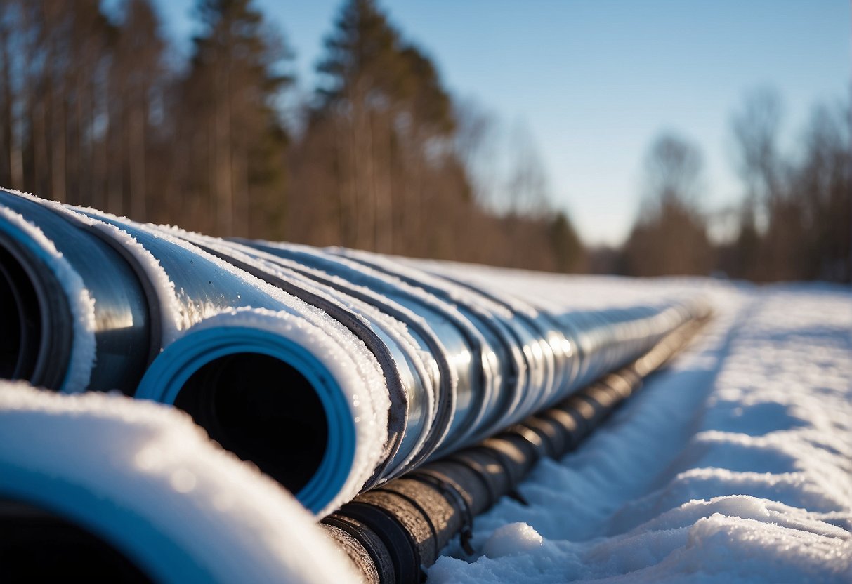 Outdoor pipes wrapped in insulation material, secured with tape. Snow-covered ground and clear blue sky in the background