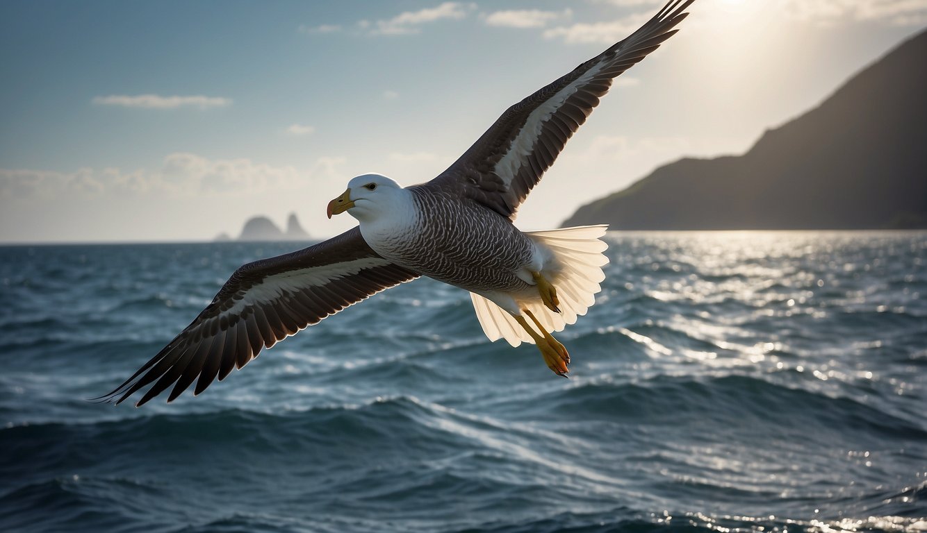 The albatross soars gracefully over the vast ocean, its long wings outstretched as it effortlessly rides the wind currents.

Its streamlined body and powerful wings showcase its mastery of flight and endurance at sea