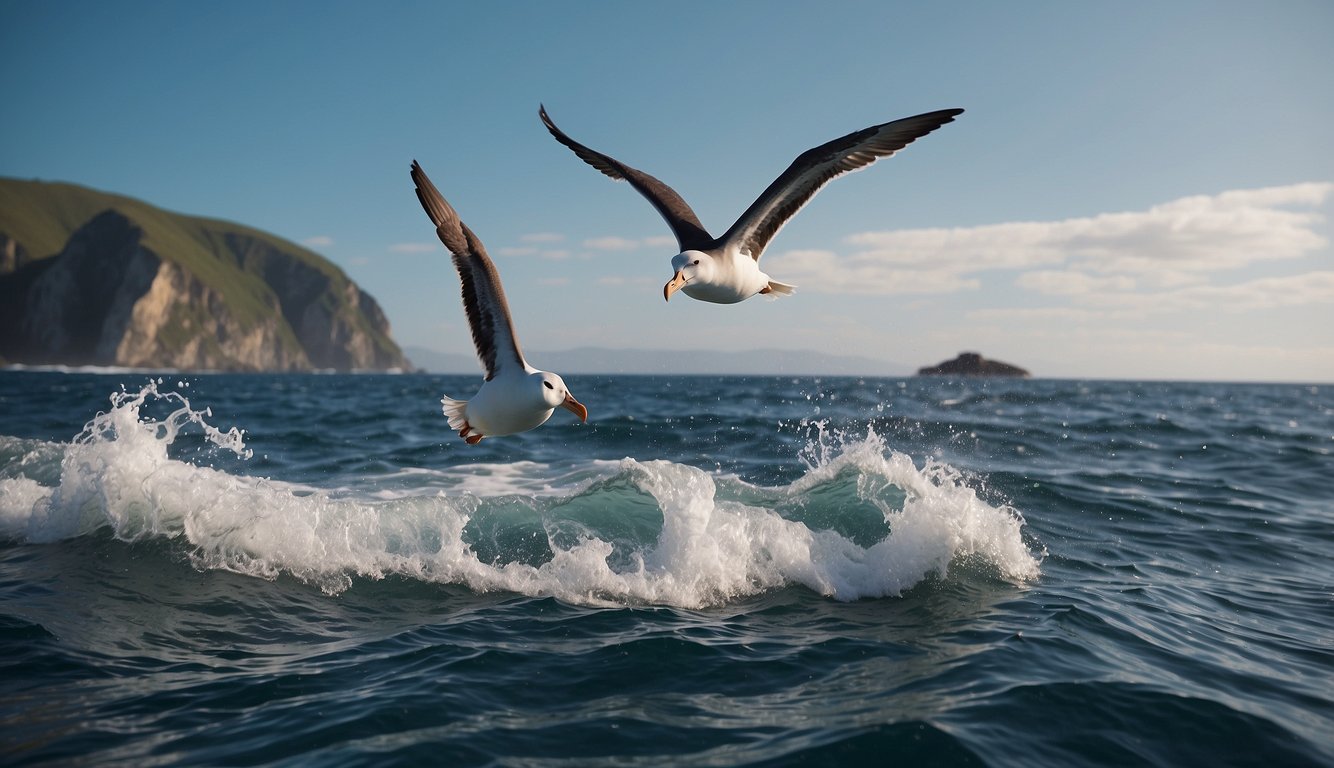 Albatrosses soar above a vast ocean, with waves crashing below.

They are surrounded by other marine life, such as dolphins and flying fish, as they navigate the open sea