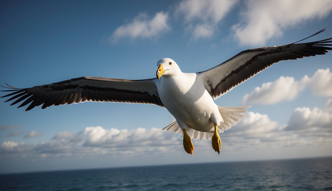 Albatross soar gracefully above the ocean, their wings outstretched as they effortlessly ride the wind currents