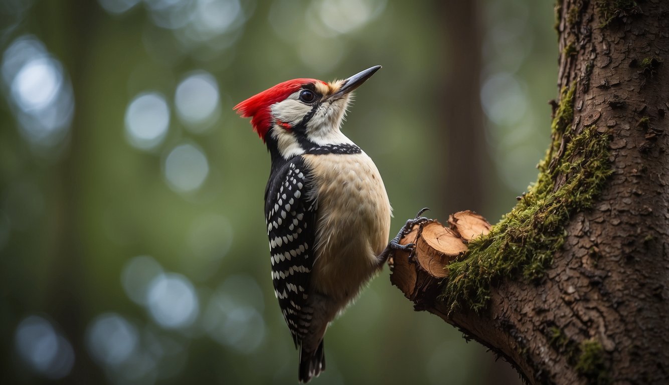 A woodpecker rhythmically taps a tree, communicating with others through the forest