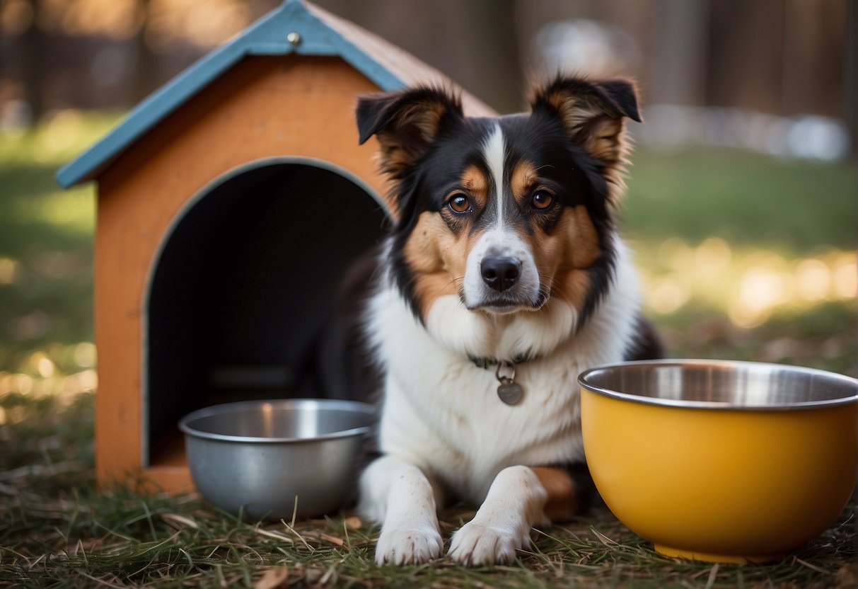 An outdoor dog is nestled in a cozy, insulated dog house, with a heated water bowl and a bowl of nutrient-rich food to keep them warm and nourished during the winter months