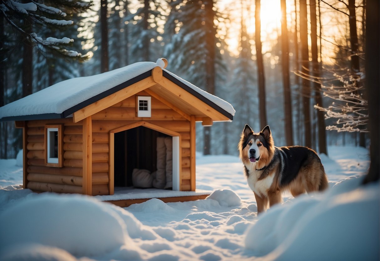 A large, furry dog wearing a cozy, insulated jacket and booties, surrounded by snowy trees and a warm, glowing dog house