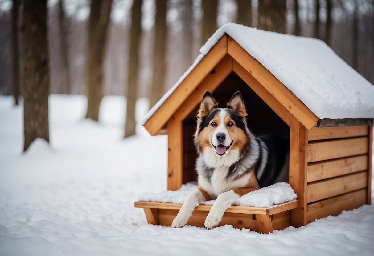 An outdoor dog in a cozy, insulated dog house with a thick bed of straw, a windbreak, and a heated water bowl, surrounded by snow-covered trees