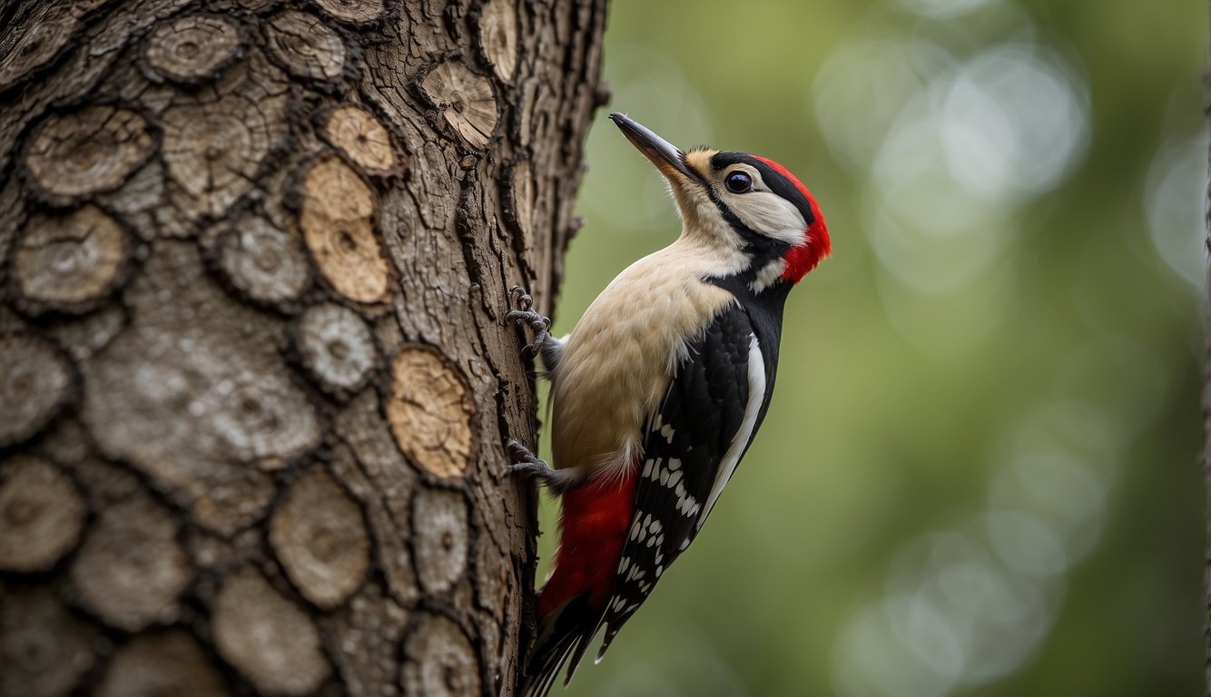 A woodpecker perched on a tree trunk, rhythmically tapping its beak against the bark.

Other woodpeckers nearby respond with their own tapping, creating a symphony of communication through the forest