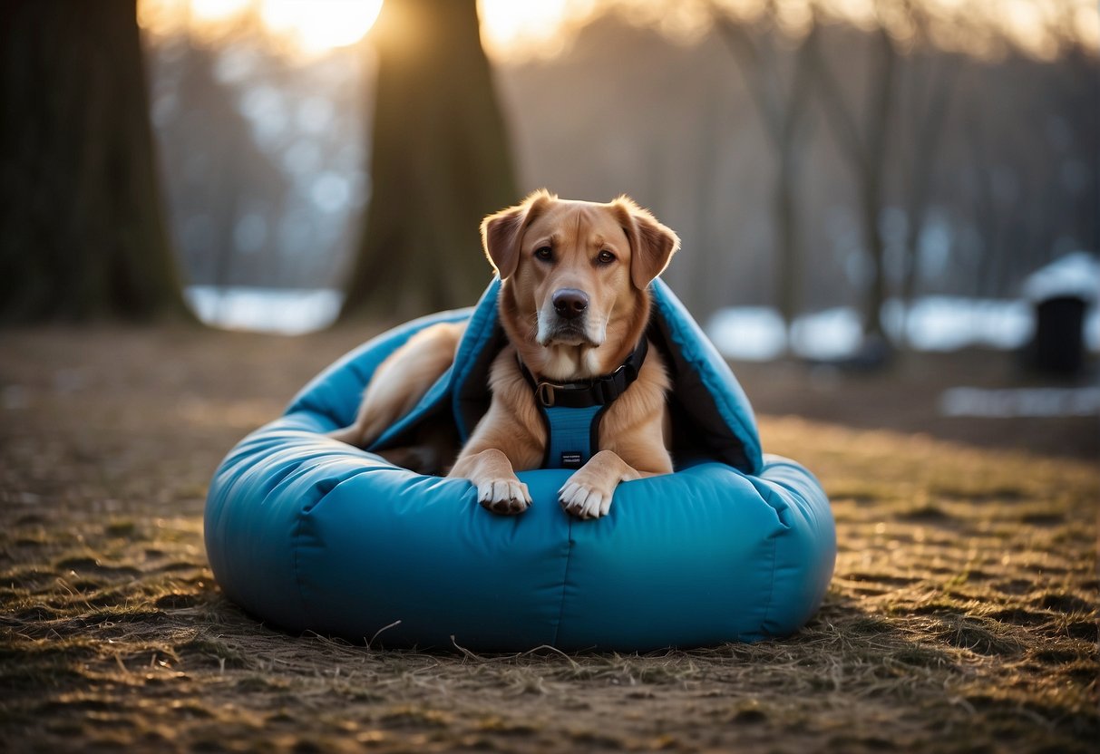 A dog wearing a cozy, insulated coat, lying on a heated mat in a sheltered outdoor area, with access to fresh water and engaging toys for mental stimulation