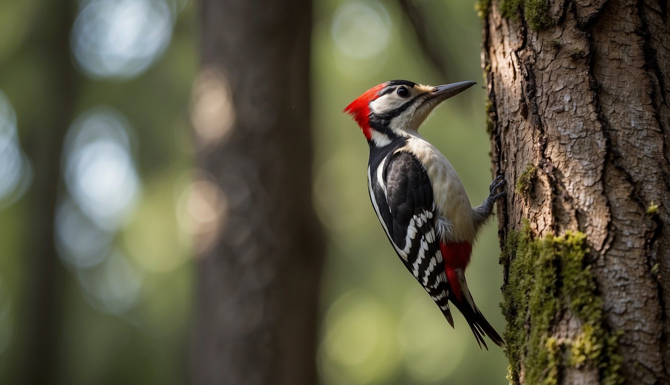A woodpecker perched on a tree trunk, rhythmically tapping its beak against the bark, creating a pattern of drumming sounds.

The surrounding forest is alive with other wildlife, coexisting peacefully