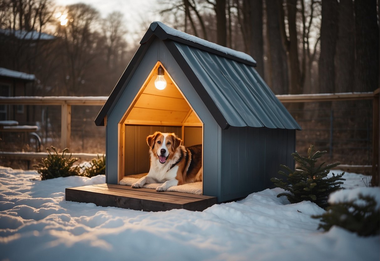 An outdoor dog house with insulated walls, a raised bed, and a heat lamp to keep the dog warm in winter