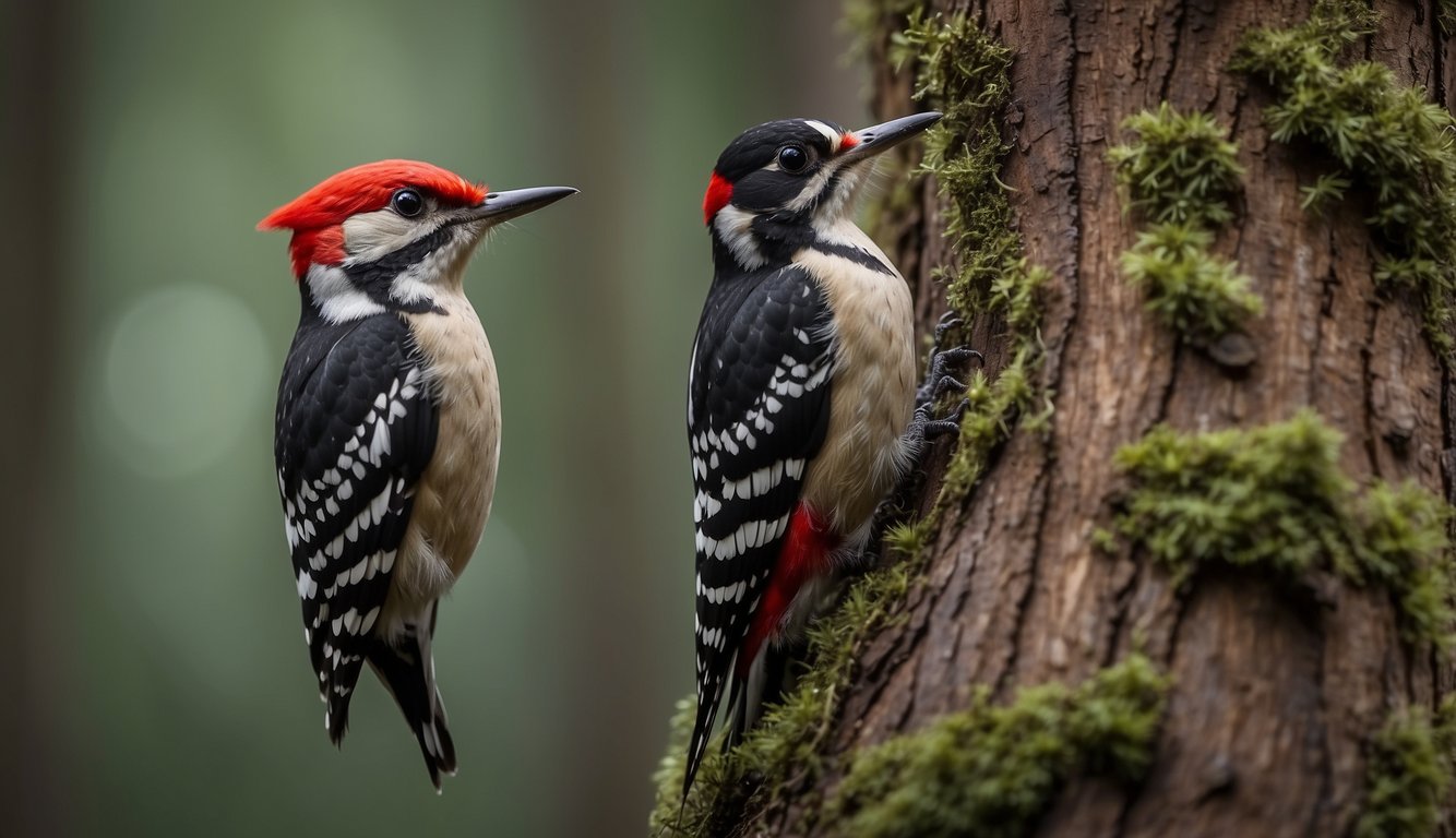 The woodpecker taps rhythmically on a tree trunk, creating a series of distinct patterns.

The forest is alive with the sound of tapping, as the woodpeckers communicate through their drumming ritual