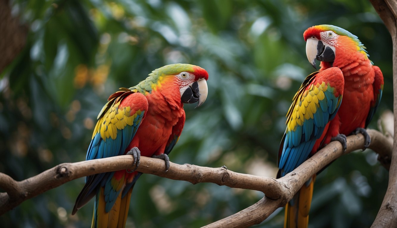 Colorful parrots perched on branches, chirping and mimicking human speech with vibrant feathers and expressive eyes