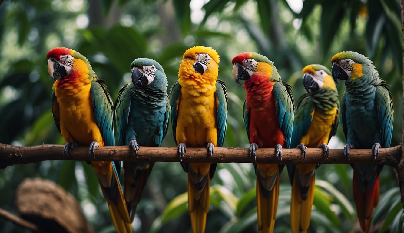 Colorful parrots perched on tree branches in lush jungle, contrasted with parrots in cages in a dimly lit room.

Their vibrant feathers and expressive beaks capture their ability to mimic human speech