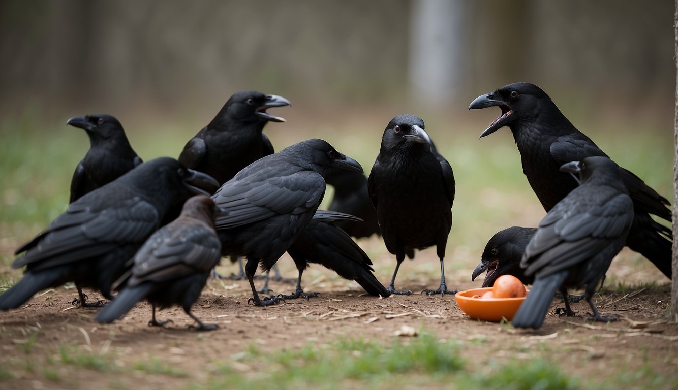 A group of crows gathers around a food source, squawking and interacting with each other.

Some crows are seen sharing food while others are engaged in playful behavior