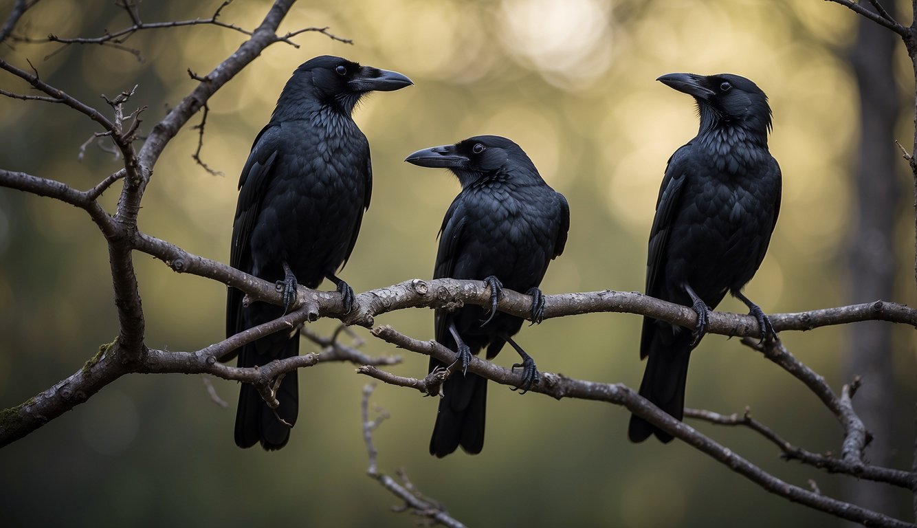 Crows perched on branches, exchanging calls and gestures, forming intricate patterns of communication in a bustling, interconnected world