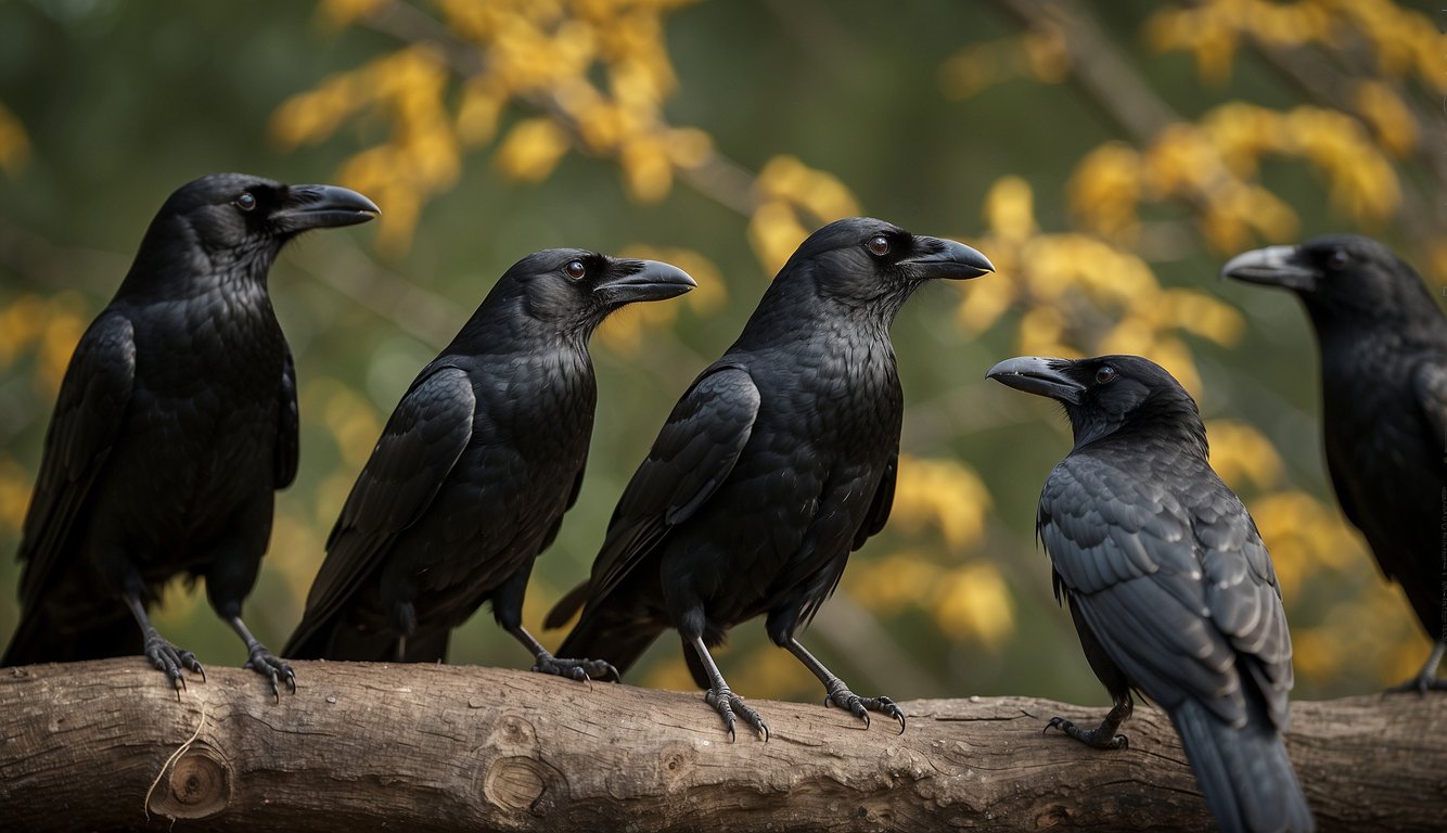Crows gather in a group, communicating through a variety of calls and body language.

Some are foraging for food while others engage in playful interactions.

The dynamic social structure is evident as they work together and establish hierarchies within the group