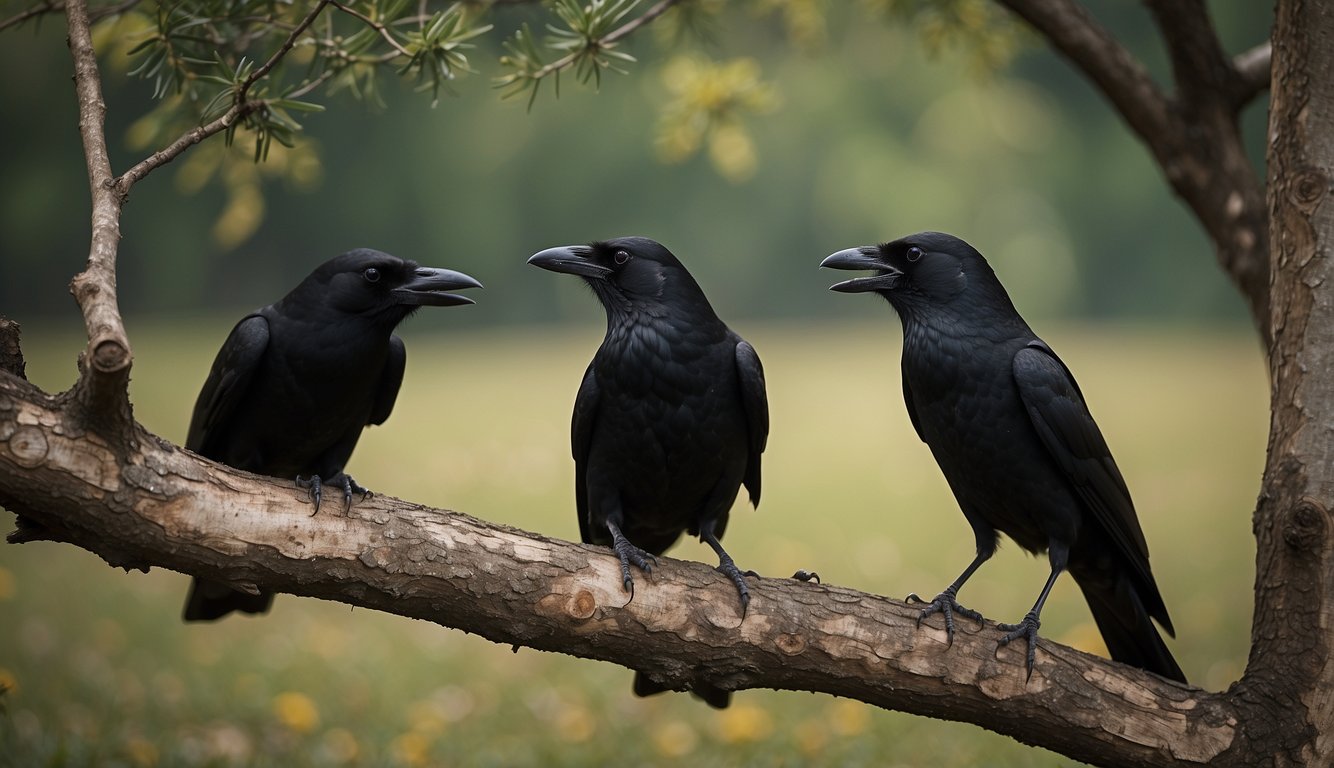 Crows perched on tree branches, exchanging objects and vocalizing, while others forage on the ground