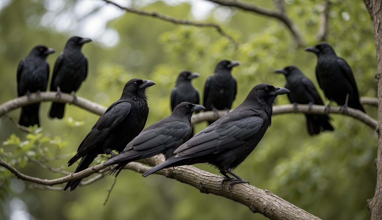 Crows gather in a bustling city park, perched on tree branches and power lines, communicating through a variety of calls and body language