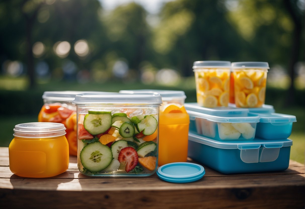 Food storage containers lined with ice packs, filled with chilled drinks and snacks, set up on a table at an outdoor party