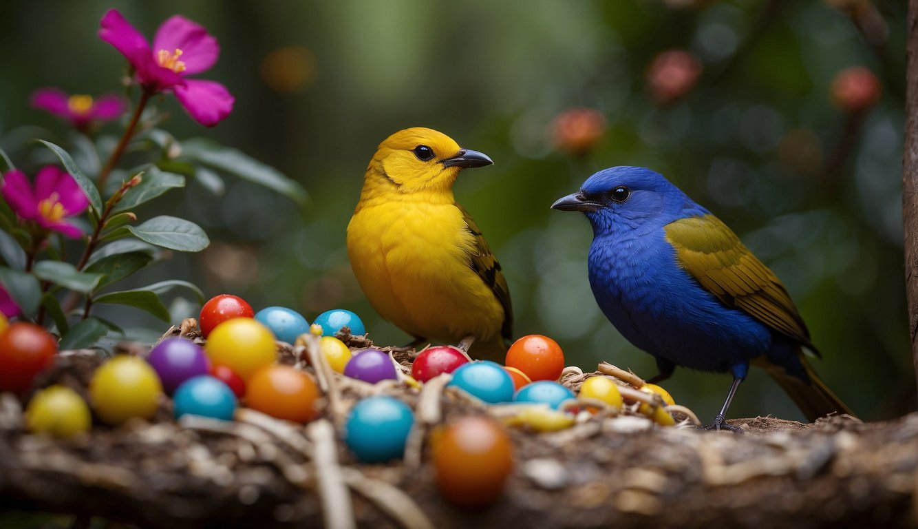 A bowerbird meticulously arranges colorful objects in an elaborate display to attract a mate