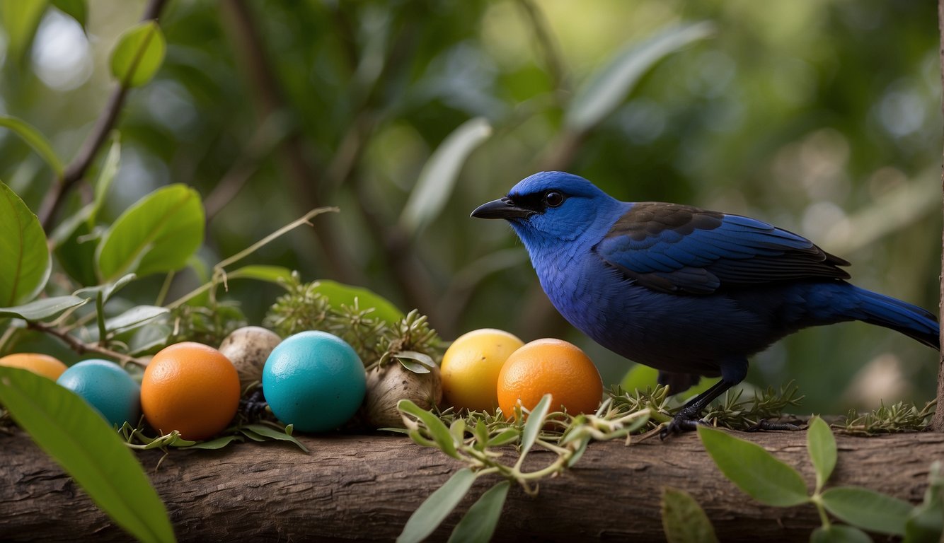 A male bowerbird meticulously arranges colorful objects in a symmetrical display, surrounded by a carefully constructed structure of twigs and leaves