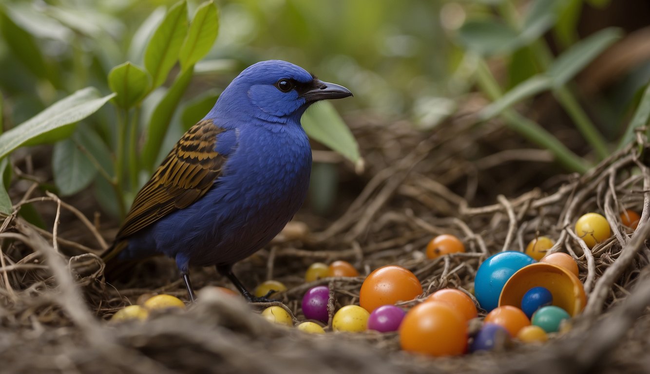 A male bowerbird meticulously arranges colorful objects in a carefully constructed bower, showcasing its artistic skills to attract a mate
