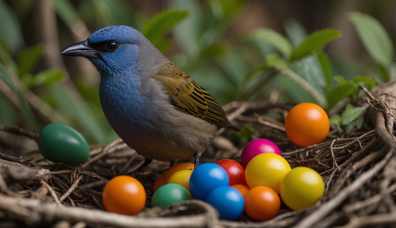 The bowerbird meticulously arranges colorful objects in a complex, symmetrical pattern to impress potential mates