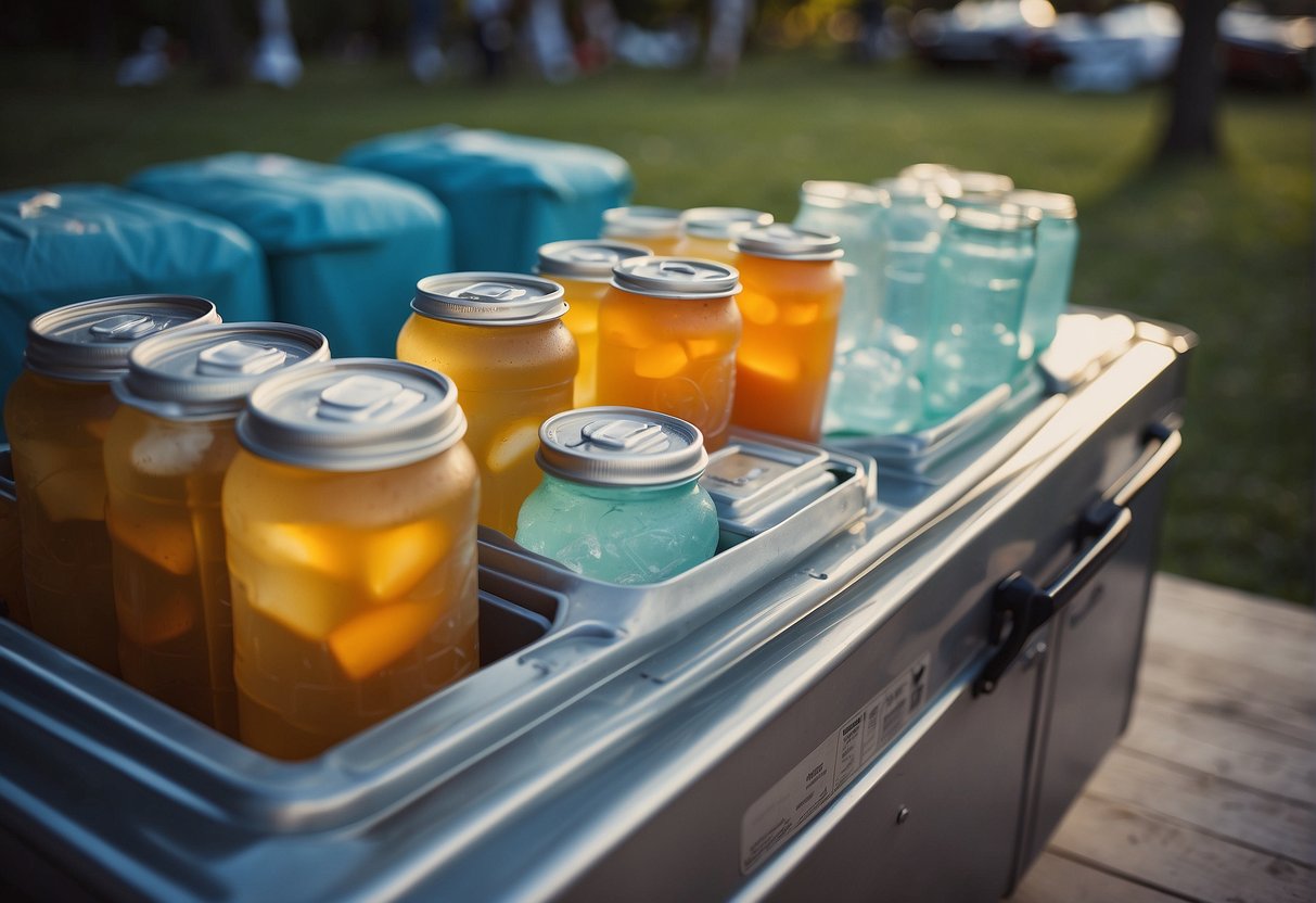 Various coolers and ice packs strategically placed around outdoor party, keeping food and drinks cold in the warm weather