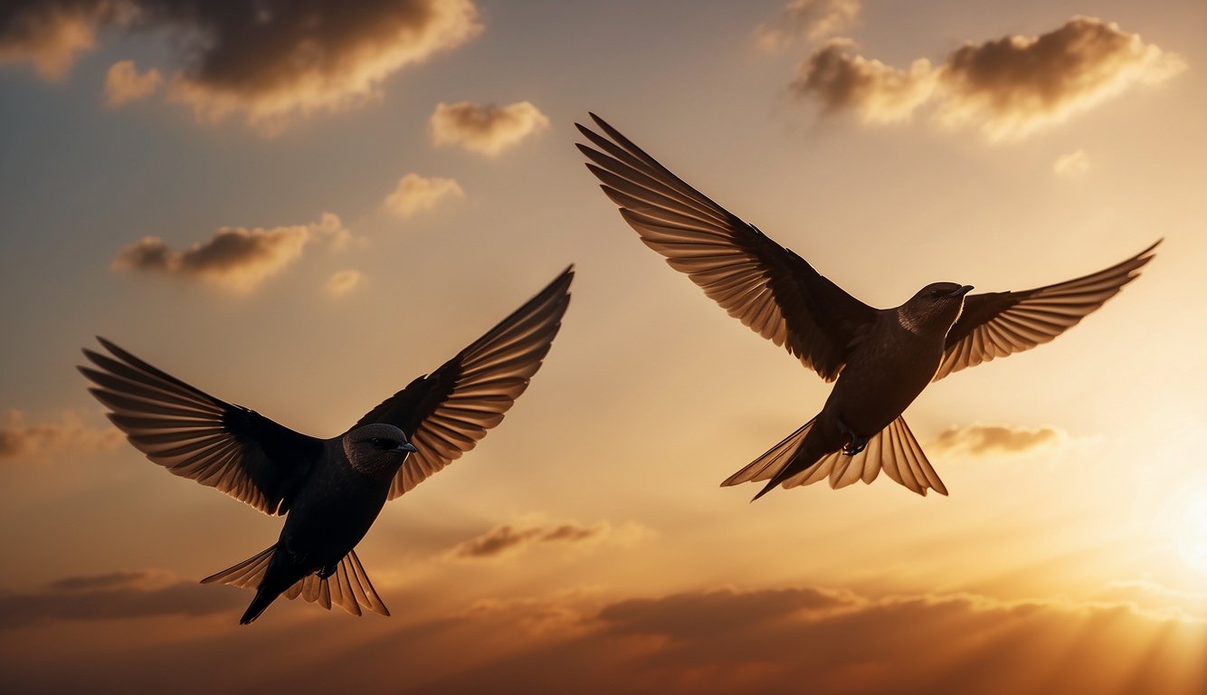 Swifts soar through the open sky, their wings outstretched as they gracefully navigate the air currents.

The sun sets behind them, casting a warm glow on their sleek, aerodynamic bodies