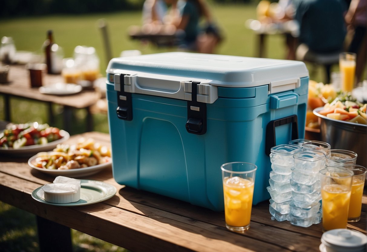 A cooler filled with ice and surrounded by cold packs sits next to a table of food at an outdoor party. A thermometer is placed in the cooler to monitor the temperature and ensure the food stays cold