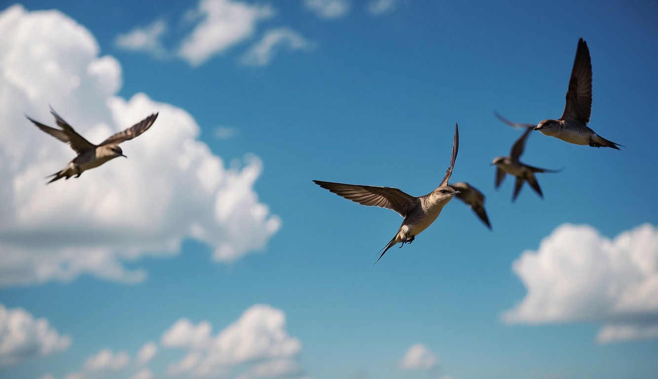Swifts soar through the open sky, their wings outstretched as they gracefully navigate the air.

Their sleek bodies and pointed wings create a mesmerizing pattern against the backdrop of the endless blue sky