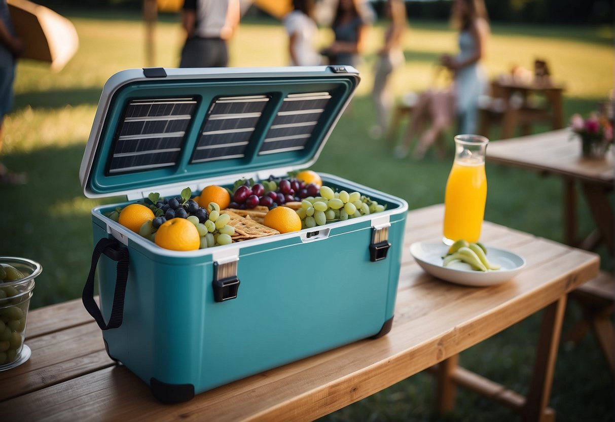 A portable electric cooler hums, keeping food cold at an outdoor party. Solar panels charge it, while guests enjoy chilled refreshments