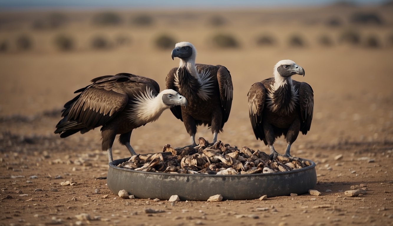 Vultures circle above a barren landscape, scanning for carcasses with keen eyesight.

They descend to feast on the remains, using their sharp beaks to tear into the flesh