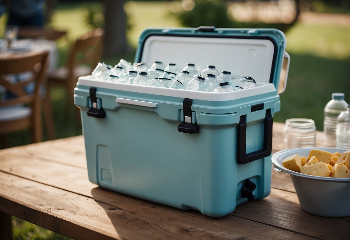 A cooler filled with ice packs and insulated containers keeps food cold at an outdoor party