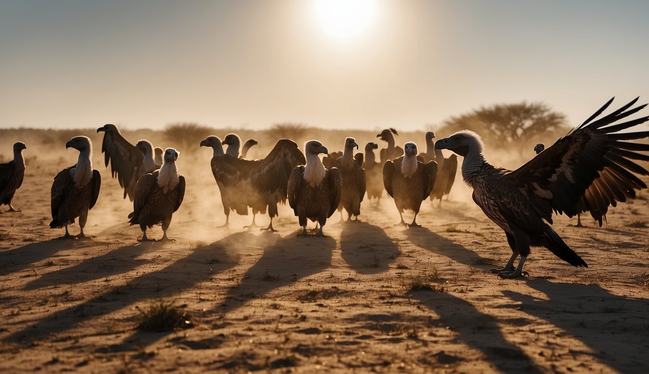 A group of vultures circle above a vast, open savannah, scanning the ground below for potential food sources.

The sun beats down on the dry, dusty landscape as the scavengers glide effortlessly through the sky