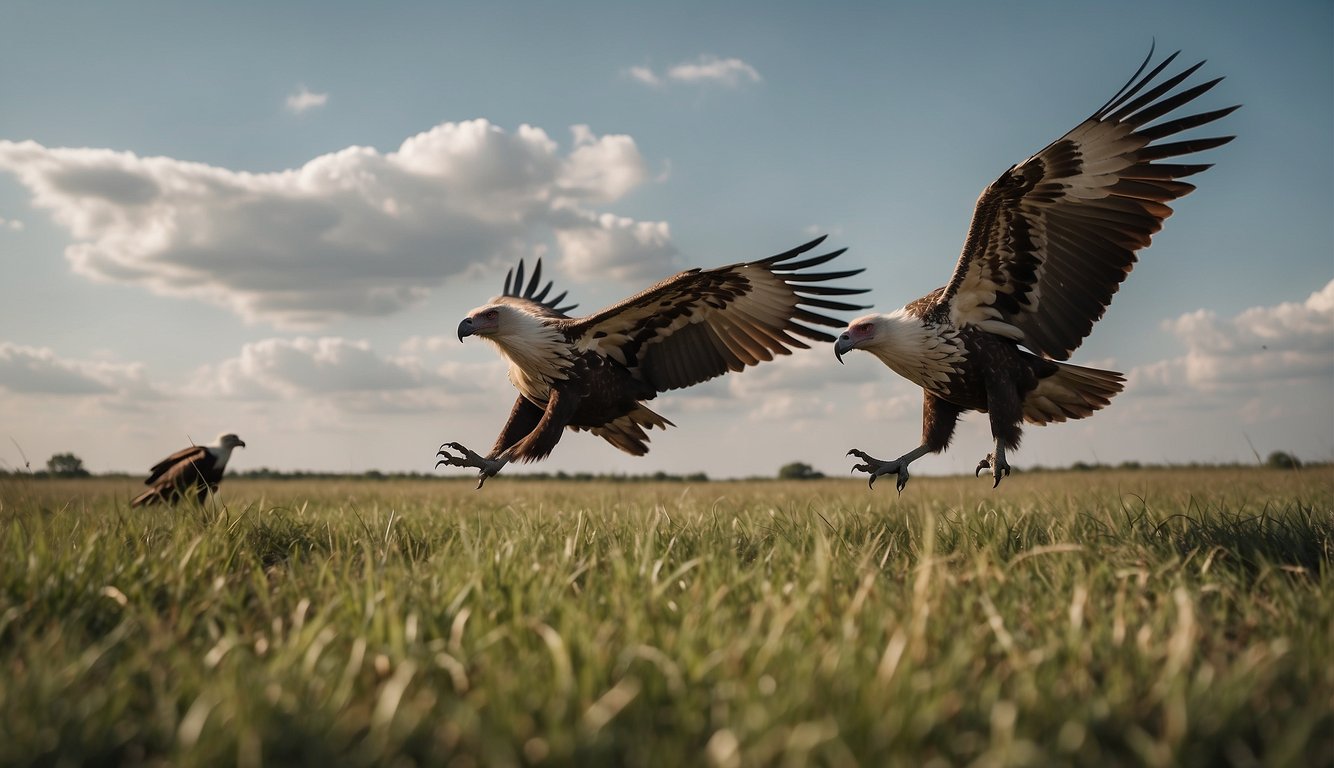 Vultures soar above a grassy savannah, scanning the ground for carcasses.

Their keen eyes and sense of smell guide them to their next meal, playing a crucial role in maintaining the ecosystem's balance