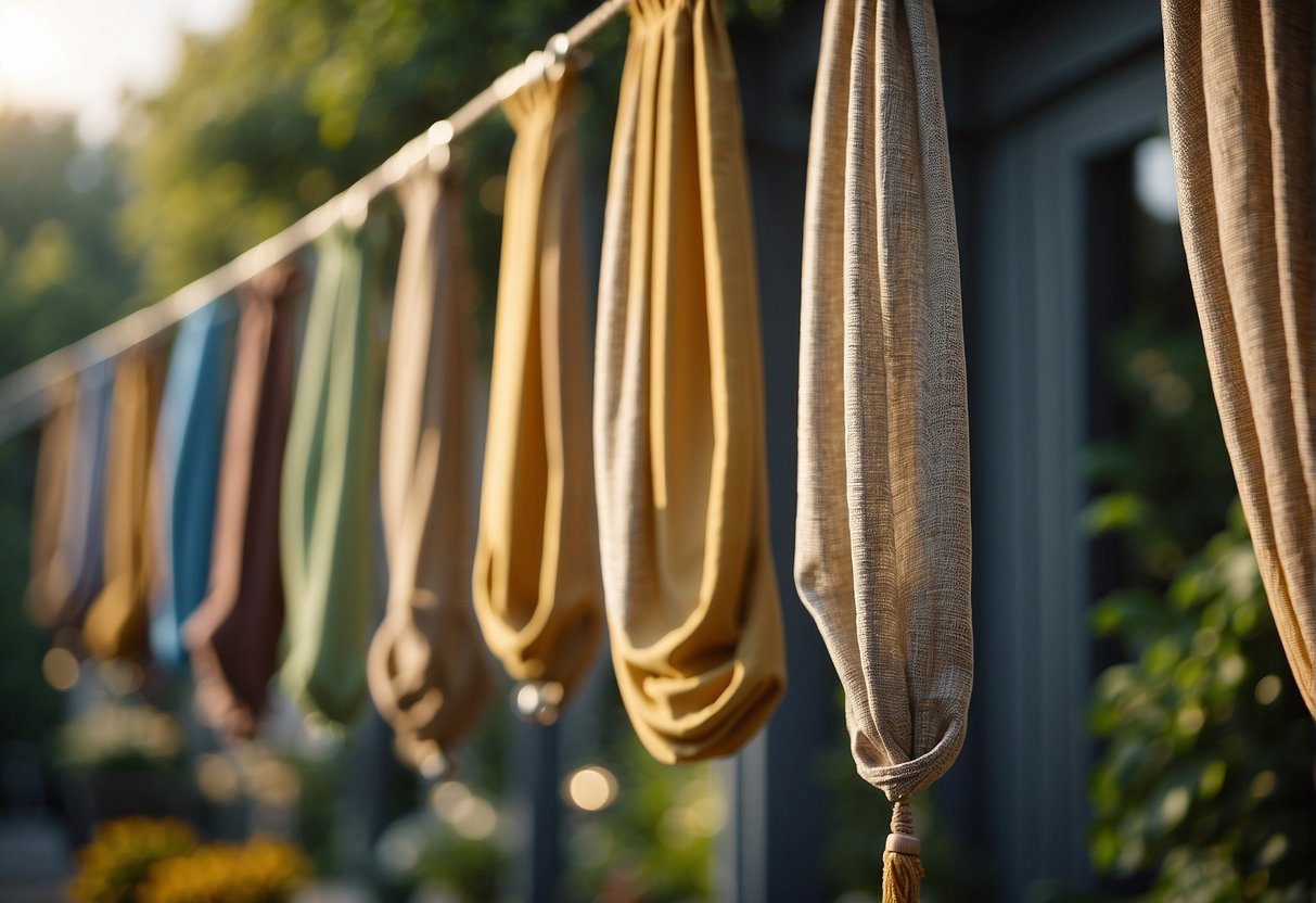 Outdoor curtains are tied down with heavy weights at the bottom to prevent them from blowing in the wind