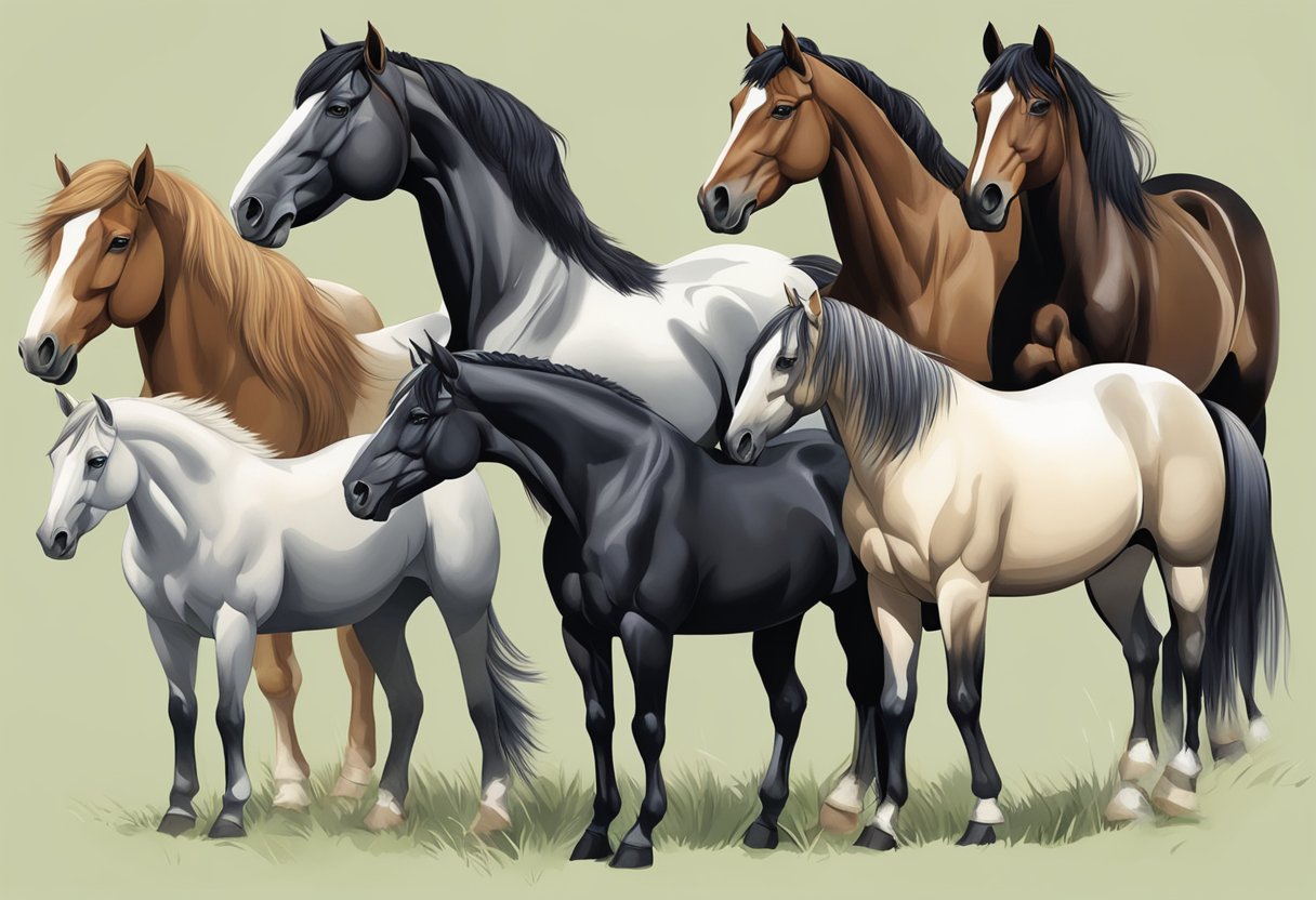 A group of unique horse breeds in a lush, tranquil setting, showcasing their distinct features and rare qualities