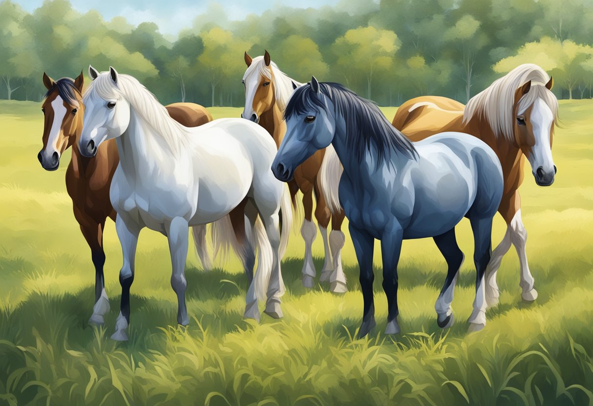 A group of rare horse breeds grazing in a lush, secluded meadow, showcasing their unique colors and features