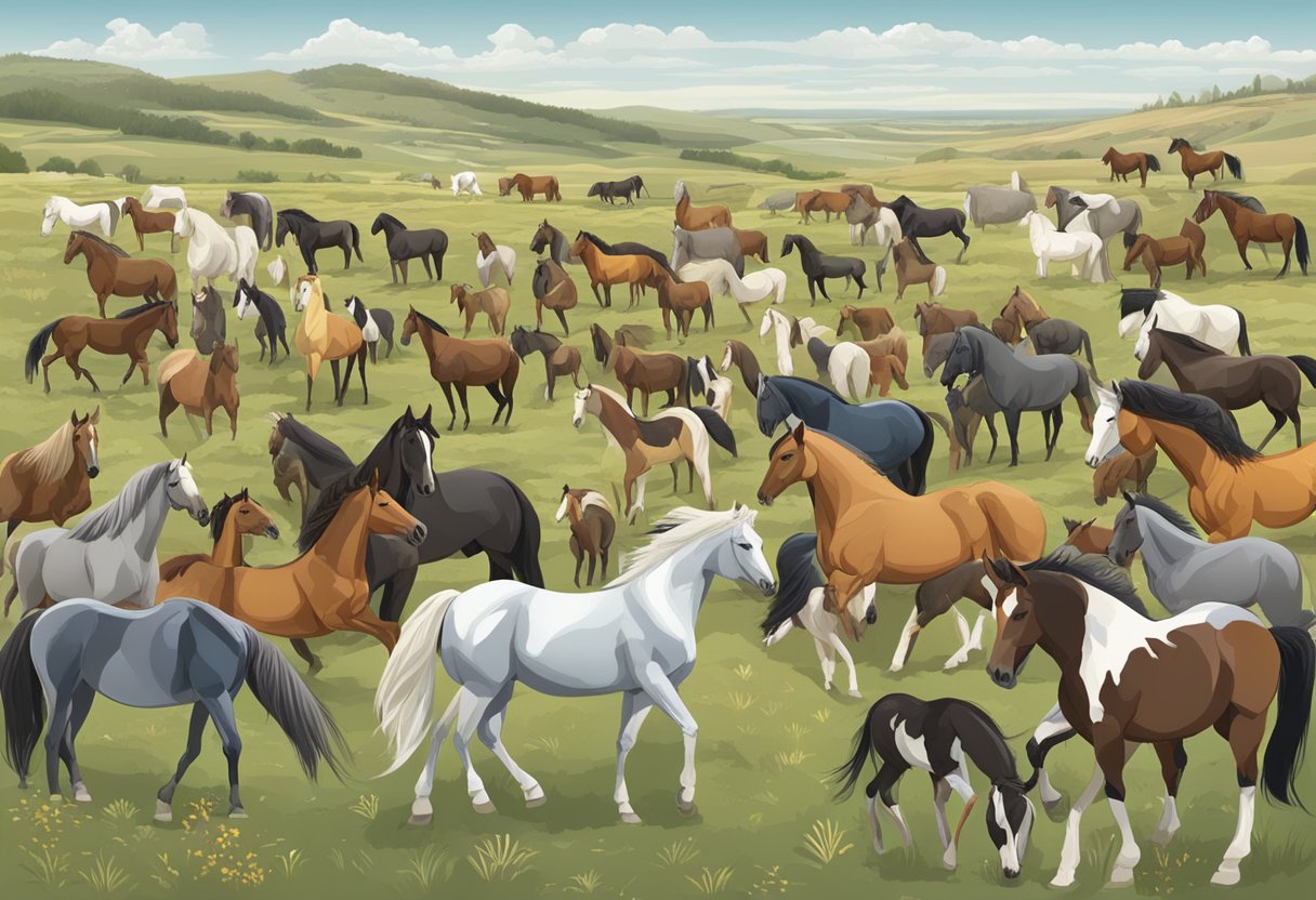 Various horse breeds in a diverse landscape, some thriving while others struggle, illustrating human impact on their populations and rarity