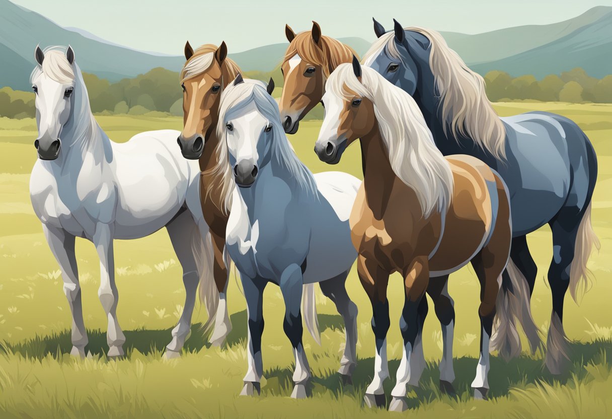 Several rare horse breeds stand in a diverse pasture, showcasing genetic factors