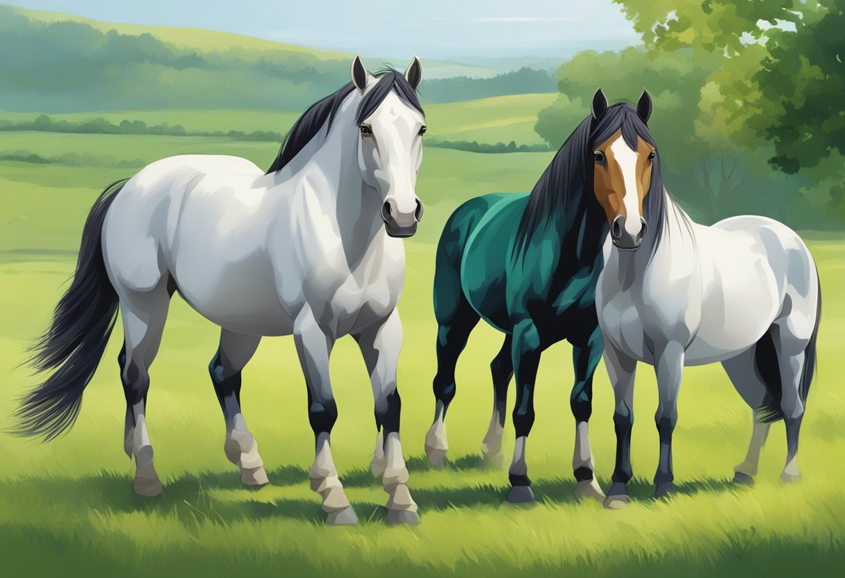 Rare horse breeds, influenced by economic and social factors, stand in a lush, green pasture with unique physical characteristics and distinct markings