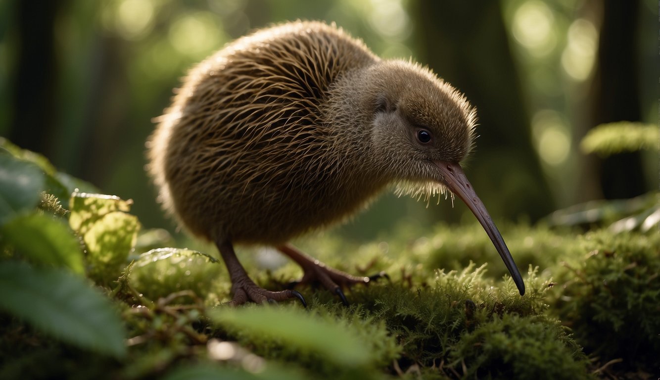 A kiwi bird is foraging in the dense underbrush of a New Zealand forest, its long beak probing the leaf litter for insects.

The bird's round, fluffy body and small wings are visible as it moves through the shadows