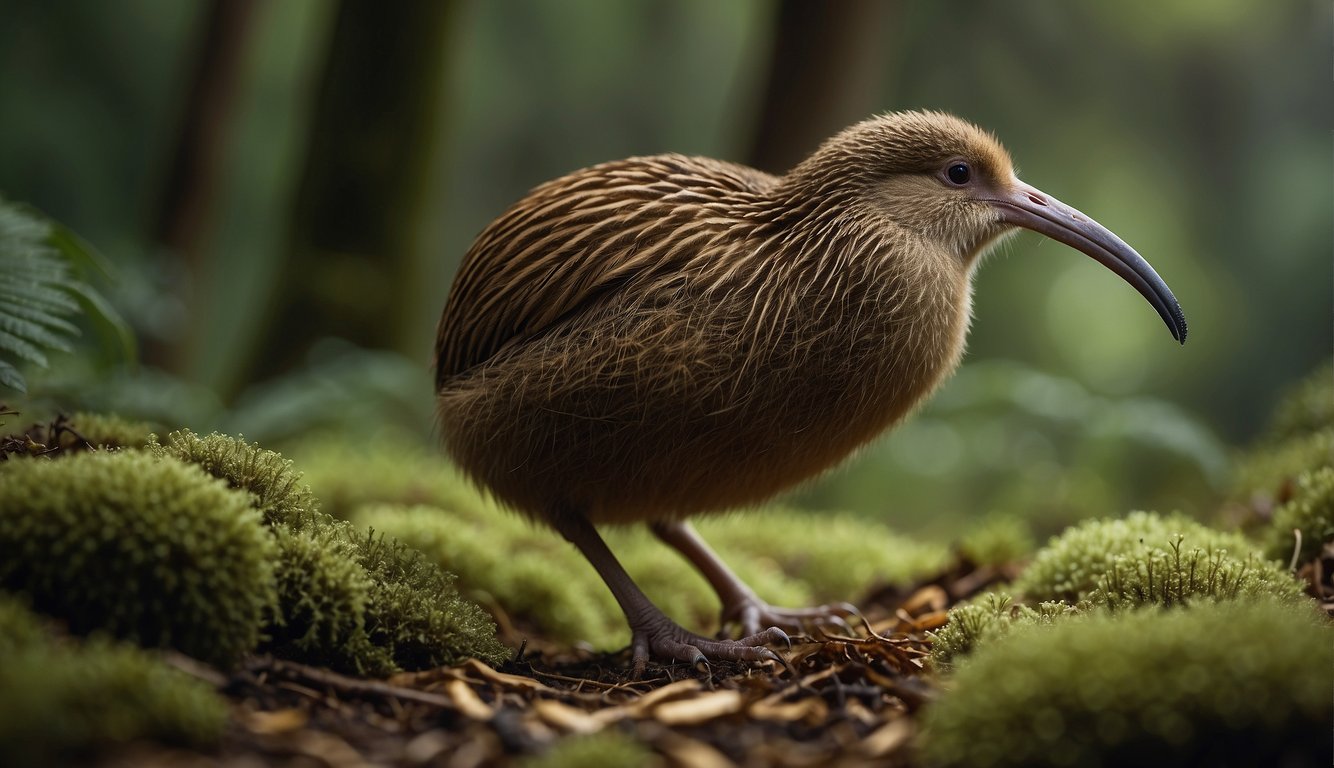 A kiwi bird stands on the forest floor, its long beak probing the ground for insects.

The bird's small wings and fluffy feathers are depicted in detail, showcasing its flightless nature
