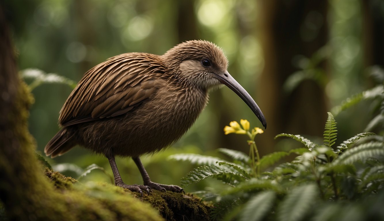 A kiwi bird with a long beak and brown feathers stands in a lush forest surrounded by native plants and trees.

A conservationist carefully observes and records the bird's behavior