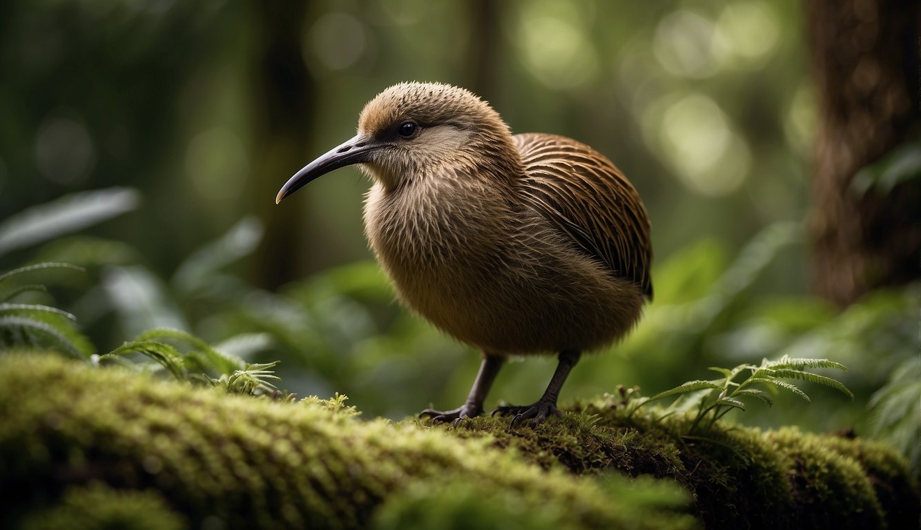 A kiwi bird stands in a lush forest, surrounded by native flora.

Its unique features and flightless nature are highlighted in the scene