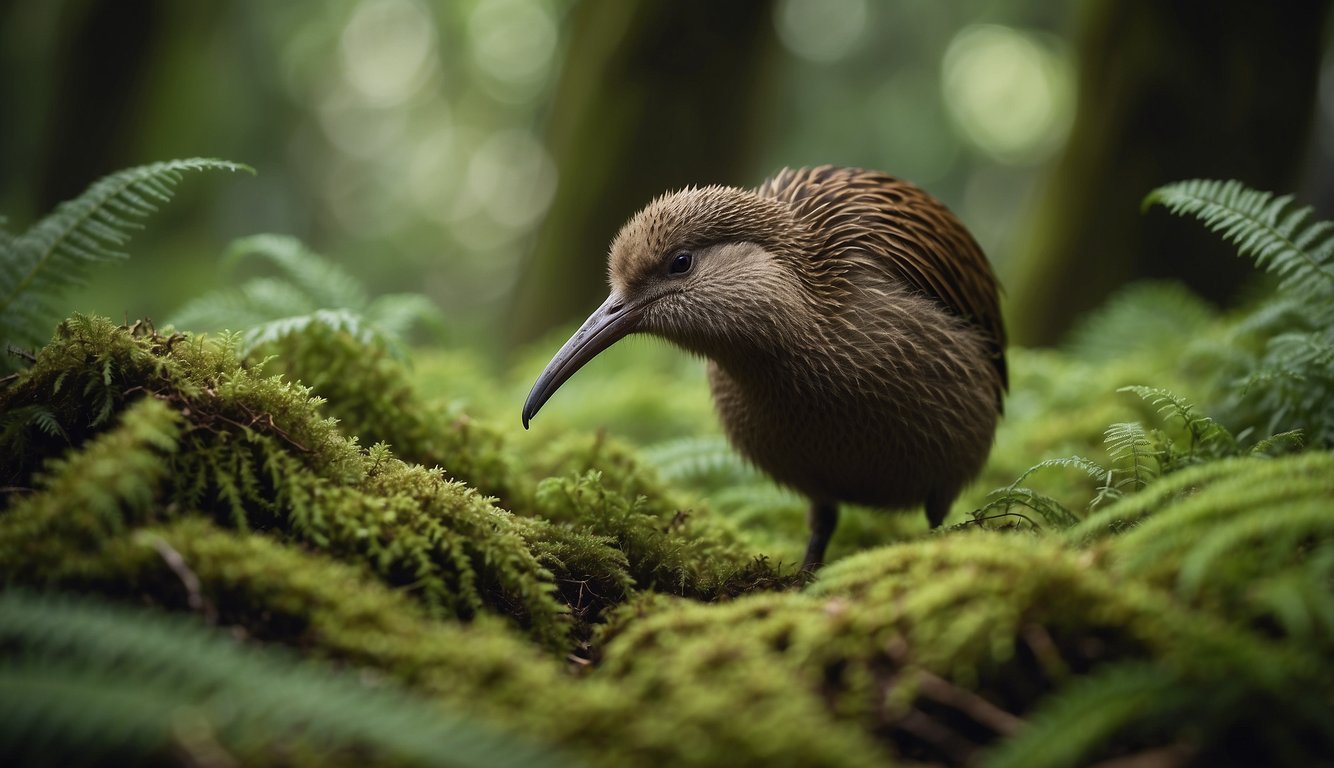 A kiwi bird standing on the forest floor, surrounded by ferns and moss, with its long beak pointed towards the ground
