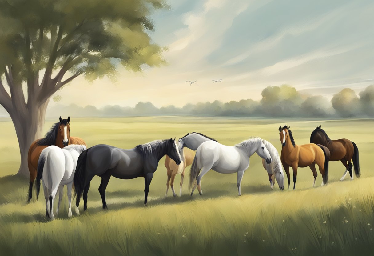 A tranquil pasture with a small group of rare horse breeds grazing together, showcasing their unique physical characteristics and distinct breed markings