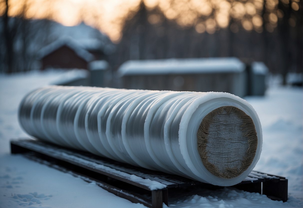 Outdoor pipes wrapped in insulating foam and heat tape, with a small heater nearby to prevent freezing